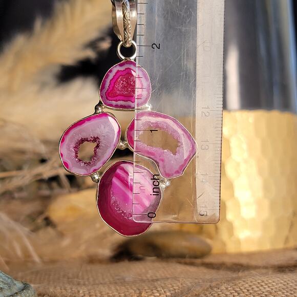 Raw Pink Geode Pendant – Vibrant Crystal Slice + 20" Sterling Silver Chain - Picture 3 of 10